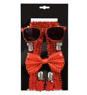 narrenwelt Pailletten Set 3-teilig – Hosenträger + Brille + Schleife rot Style Accessoires für Fasching Event Karneval Party