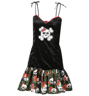 narrenwelt Kostüm Sweet Skull-Kleid mit Mini-Rock Gr. 36  - 42 Halloween Damen Kleid mit Totenkopfdruck Horror Fasching