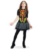 narrenwelt Kostüm Gerippchen Kleid nachtleuchtend GID bunt Halloween Skelett Mädchen Teenie 140 - 164