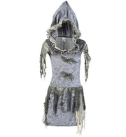 narrenwelt Kostüm Zombiebraut Kleid mit Kapuze  Halloween Horror Zombie Kleid 1tlg. Pannesamt Damen Kostüm Horror Geist Zauberer Hexe