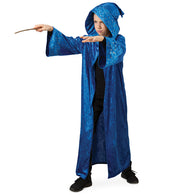 narrenwelt Kostüm Zauberer Magier Umhang lang Kapuze blau Panne-Samt Sternenmuster silber Kinder Fasching
