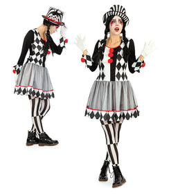 narrenwelt Kostüm Clown Harlekin Damenkleid – Zeitloser schwarz-weiß Look Fasching  Halloween Cosplay