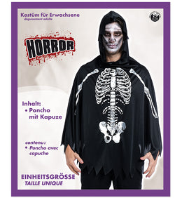 narrenwelt Skelett Poncho mit Kapuze Halloween Unisex Cape Skull Einheitsgröße