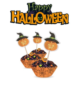 narrenwelt Halloween Muffin Set 48-teilig Muffinförmchen und Deko Picks mit Kürbis Motiv – Gruseliger Kuchen-Deko-Spaß Fotobox