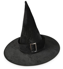 narrenwelt Hexenhut  Zaubererhut Samtoptik mit Silberschnalle Hexen Hut 58 cm Halloween Horror Kostüm Accessoire