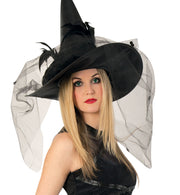 narrenwelt Hexenhut Luxus Hexe 3 Farben mit Tüllschleier, Spinnen, Rose, Feder Halloween