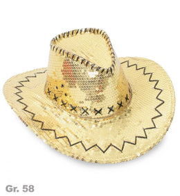 narrenwelt Cowboyhut Gold Damen Hut Cowboy mit Gold - Pailletten Line Dance 58cm