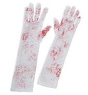narrenwelt Netzhandschuhe mit Blutflecken Handschuhe weiß schauriger Charme Grusel Halloween Kostüm Accessoires Zombie Geisterstunde Cosplay