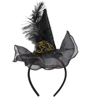narrenwelt  Hexenhut Minihut auf Haarreif magisches Party Halloween Accessoire mit Dekoblume Feder und Goldakzenten