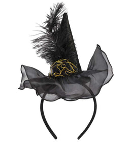narrenwelt  Hexenhut Minihut auf Haarreif magisches Party Halloween Accessoire mit Dekoblume Feder und Goldakzenten