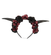 narrenwelt Haarreif mit Blumen und Hörnern in Schwarz-Rot – Dunkle Eleganz Halloween Kostüm Accessoires Zombie Geisterstunde Cosplay