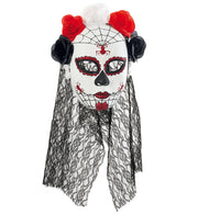 narrenwelt Maske Dia de los Muertos Halbmaske mit Rosen schwarz/rot/weiß und Schleier Horror Halloween Party Event