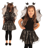 narrenwelt Kostüm 3-teiliges Spider-Set Kinder Hexe Tutu mit glitzerndem Spinnenprint Tüllrock + Flügel + Haarreif mit Spinnen Einheitsgröße Mädchenkostüm Halloween Party und Event