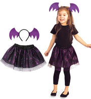 narrenwelt Kostüm Fledermaus Komplettset 2-teiliges Halloween - Set  Tutu Tüllrock + Haarreif Kinder  Einheitsgröße Mädchenkostüm Halloween Party und Event