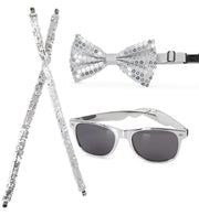 narrenwelt Pailletten Set 3-teilig – Hosenträger + Brille + Schleife silberfarben Style Accessoires für Fasching Event Karneval Party
