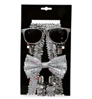 narrenwelt Pailletten Set 3-teilig – Hosenträger + Brille + Schleife silberfarben Style Accessoires für Fasching Event Karneval Party