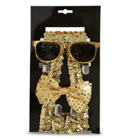 narrenwelt Pailletten Set 3-teilig – Hosenträger + Brille + Schleife goldfarben Style Accessoires für Fasching Event Karneval Party