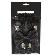 narrenwelt Pailletten Set 3-teilig – Hosenträger + Brille + Schleife schwarz Style Accessoires für Fasching Event Karneval Party