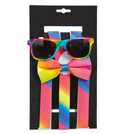 narrenwelt Set Rainbow Set 3-teilig – Hosenträger + Brille + Schleife Regenbogen Style Accessoires für Fasching Event Karneval Party
