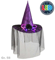narrenwelt Hexenhut lila mit Schleier und LED Hexen Hut für Halloween Fasching Party Event Mottoparty Accessoire ca. 58 cm…