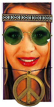 narrenwelt Hippie Set 3 TLG Flower Power - Fun Brille + Peace Kette + Ethno Stirnband Flower Power