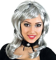 narrenwelt Perücke Spinnenlady Halloween silber halblang mit kleinen Spinnenchen im Haar