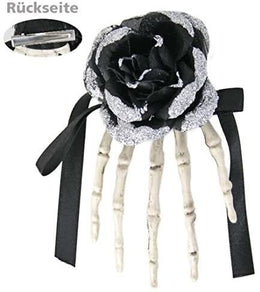 narrenwelt Halloween Haarclip Schwarze Rose Gothic mit Hand-Skelett Haarschmuck ca 12 cm Kostüm Accessoire