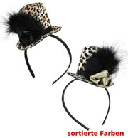 narrenwelt  Haarreif Leo Lady Mini-Hut Leopard mit Marabubesatz und Stoffblume Kostüm Accessoire Silvester Fasching