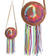 narrenwelt Hippie-Tasche rund mit Zipper, Bändern, Glöckchen und Peace-Zeichen ca. 22 x 22 cm