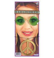 narrenwelt Hippie Set 3 TLG Flower Power - Fun Brille + Peace Kette + Ethno Stirnband Flower Power
