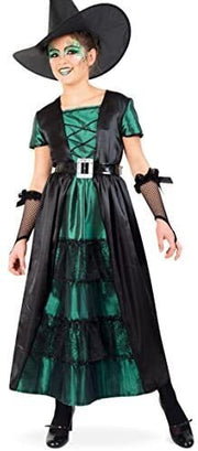 narrenwelt Hexe Smaragd Kleid  Größe140 lang mit Gürtel Teenie Mädchen