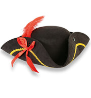 narrenwelt Piratenhut Edeloptik Dreispitz Hut mit Goldbordüre, roter Schleife und Feder Gr. 58