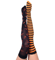 narrenwelt Overknees Neon KÜRBIS orange Totenkopf und Ringel Hexen Strümpfe Hexenstrümpfe Halloween Fasching Karneval