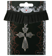 narrenwelt Gothic Halsband Kette Halskette Metall Anhänger Kreuz mit Schmuckstein an Stoffband - schwarz -