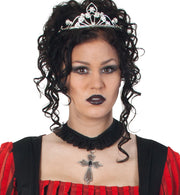 narrenwelt Gothic Halsband Kette Halskette Metall Anhänger Kreuz mit Schmuckstein an Stoffband - schwarz -