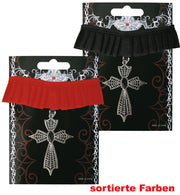 narrenwelt Gothic Halsband Kette Halskette Metall Anhänger Kreuz mit Schmuckstein an Stoffband - schwarz -