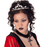 narrenwelt Gothic Halsband Kette Halskette Metall Anhänger Kreuz mit Schmuckstein an Stoffband - rot -