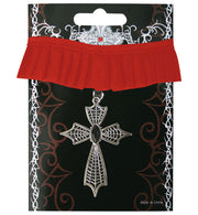 narrenwelt Gothic Halsband Kette Halskette Metall Anhänger Kreuz mit Schmuckstein an Stoffband - rot -