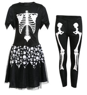 narrenwelt Kostüm Skeleton Girl Kleid mit Tüllrock + Leggings Halloween Skelett Set Mädchen Teenie Größe 140