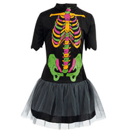 narrenwelt Kostüm Gerippchen Kleid nachtleuchtend GID bunt Halloween Skelett Mädchen Teenie 140 - 164