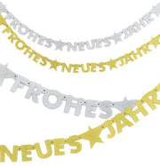 narrenwelt Girlande Silvester metallic Silber Silvestergirlande FROHES NEUES Jahr Silvester Party Feier Accessoires ca.150cm