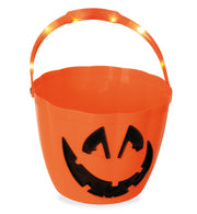 narrenwelt Halloween Eimer blinkend orange mit Henkel Halloweentasche mit Aufdruck Kürbis schwarz  23 x 30 cm Kostüm Accessoire