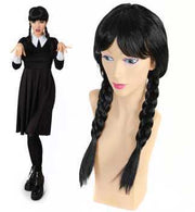narrenwelt Perücke Wendy Vamp Haar schwarz lang glatt geflochtene Zöpfe  Freak Kostüm Halloween Accessoire