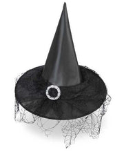 narrenwelt Hexenhut mit Netz -Tüll und großer Silberschnalle schwarz Hexen Hut 58 cm Halloween Horror Kostüm Accessoire