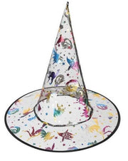 narrenwelt Hexenhut  Hexen Hut klein bunter Druck transparent mit Glanzmotiven 56cm Halloween Zauberer Kinder Hut