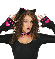 narrenwelt Haarreif Katze + Handschuhe + Halsband 4tlg Set Sweet CAT pink/schwarz
