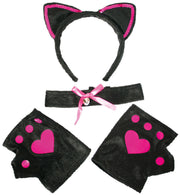 narrenwelt Haarreif Katze + Handschuhe + Halsband 4tlg Set Sweet CAT pink/schwarz