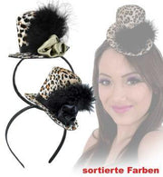 narrenwelt  Haarreif Leo Lady Mini-Hut Leopard mit Marabubesatz und Stoffblume Kostüm Accessoire Silvester Fasching